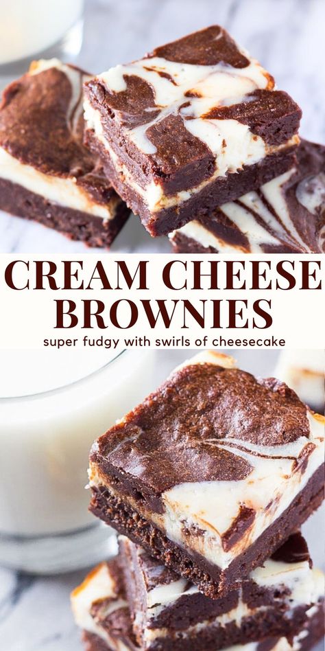 These cream cheese brownies feature super fudgy brownie swirled with the tangy, super creamy cheesecake. The tanginess of the cheesecake pairs perfectly with the fudginess of the brownies #creamcheesebrownies #cheesecakebrownies #brownies from Just So Tasty https://www.justsotasty.com/cream-cheese-brownies/ Easy Gift Desserts, Chai Brownies, Baked Slices, Cream Cheese Brownies Recipe, Desserts With Cream Cheese, Brownie Cheesecake Bars, Brownie Cheesecake Recipe, Cream Cheese Swirl Brownies, Cream Cheese Brownie