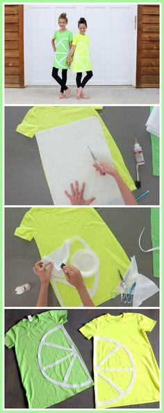 make your own DIY No-Sew Lemon Lime Costume from a tshirt - - Sugar Bee Crafts Lime Costume, Lemon Costume, Simple Halloween Costumes, Summertime Ideas, Tropical Wear, Fruit Costumes, Diy Outdoor Weddings, Halloween Fruit, Diy Products