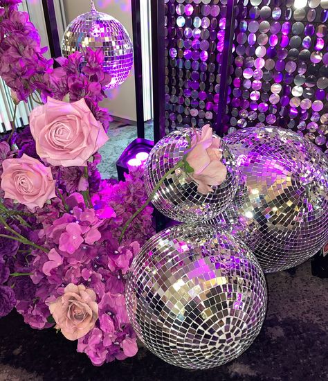 This colour palette 🪩💜🤩 The combination of vibrant purple and shimmering silver mirror balls is perfect for infusing your space with the perfect party vibes! #disco #backdrop #purpledisco #eventplanners #eventdecorators Disco Backdrop, Disco Party Aesthetic, Mirror Ball, Vibrant Purple, Inspo Board, Silver Mirror, Disco Party, Purple Heart, Disco Ball