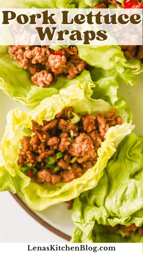 Pork lettuce wraps make a flavor-rich, healthy, and satisfying recipe that comes together in a flash! Ground pork, ginger-garlic marinade, and fresh veggies are all packed into crispy and refreshing iceberg lettuce boats. This dish is the perfect weeknight dinner, light snack, or party appetizer. Lettuce Boat Recipes, Lettuce Boats, Dinner Light, Keto Pork Chops, Pork Lettuce Wraps, Garlic Marinade, Better Food Choices, Lettuce Wrap Recipes, Spicy Pork