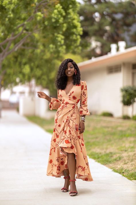 Floral Wrap Dress V-neck Chiffon Floral Dress For Brunch, Summer V-neck Wrap Dress For Brunch, Chic Chiffon V-neck Wrap Dress, Curry Hair, Floral Print V-neck Kimono For Brunch, Flowy V-neck Floral Print Wrap Dress, Elegance Outfit, Wrap Dress Outfit, Embrace The Change