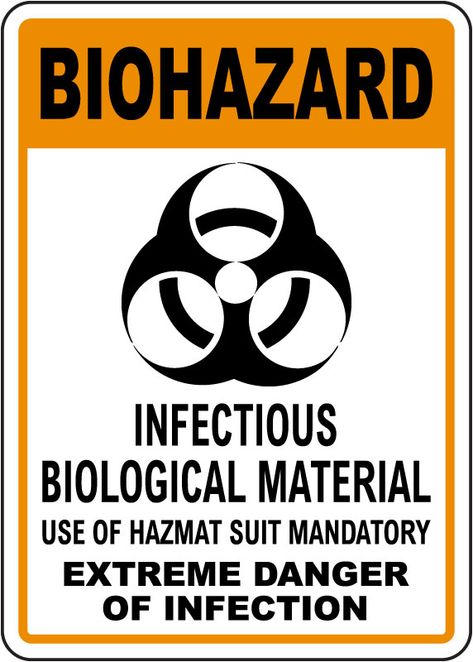 Biohazardous materials must be handled safely to prevent serious injury or infection. Display this sign to tell employees when they must wear a hazmat suit to protect themselves from infectious biological materials. Available in plastic, aluminum, and peel-and-stick vinyl. Biohazard Aesthetic, Biohazard Suit, Biohazard Halloween, Bio Hazard Symbol, Biohazard Necklace, Biohazard Sign, Biohazard Symbol, Hazmat Suit, Level 3