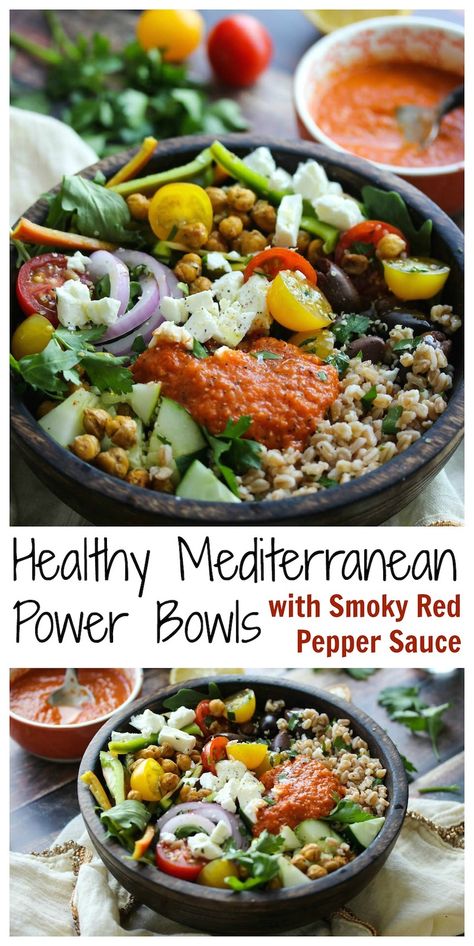 Mediterranean Power Bowls with Smoky Red Pepper Sauce. A delicious, healthy lunch! Quinoa Ideas, Lunch Bowls, Bowl Meals, Mediterranean Diet Recipes Dinners, Mediterranean Meals, Mediterranean Diet Meal Plan, Easy Mediterranean Diet Recipes, Work Lunches, Mediterranean Diet Plan