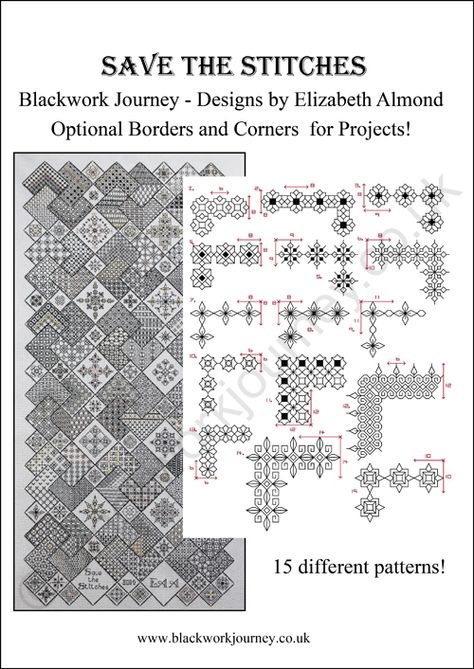 'Borders and Corners' for blackwork embroidery projects. www.blackworkjourney.co.uk Blackwork Embroidery Patterns, Red Cross Stitch, Blackwork Cross Stitch, Blackwork Designs, Borders Free, Blackwork Patterns, Blackwork Embroidery, Learn Embroidery, Cross Stitch Borders