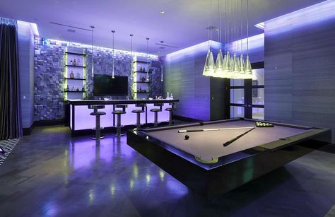 Modern basement game room with mood lighting and pool table Teen Diy, Finished Basement Designs, Modern Man Cave, Basement Games, Pool Table Room, Modern Home Bar, Modern Basement, Basement Bar Designs, Game Room Basement