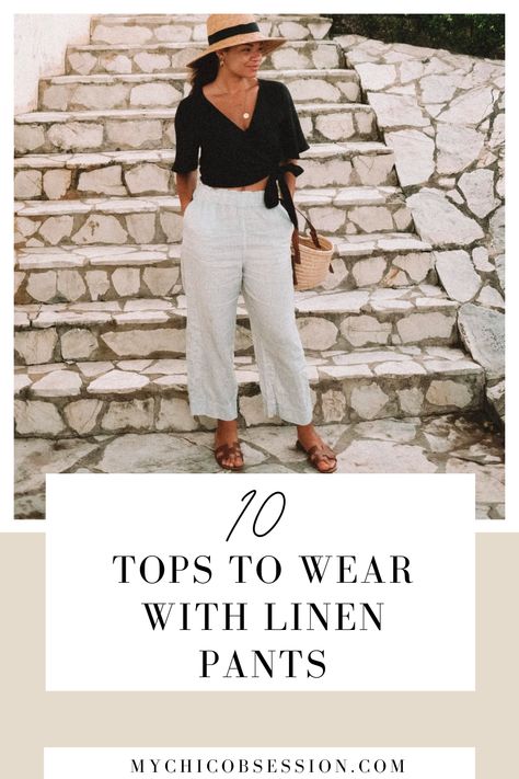 Off White Pants Outfit Summer, Linen Shirt And Pants Outfit, Linen Pants Outfit Italy, Linen Pant Summer Outfit, Wide Leg Pants Outfit Linen, Linen Pants Outfit Office, Tops To Go With Linen Pants, Lenin Pants Outfit Summer, Classic Linen Outfits