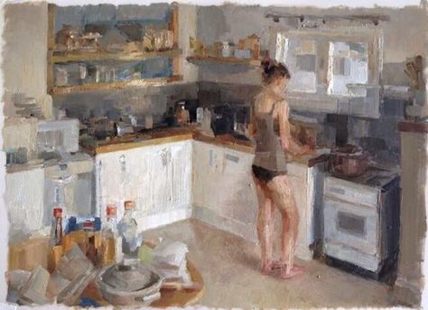 Zoey Frank (1987) - American #painter Dining Room Illustration, Zoey Frank, Woman In The Kitchen, Room Illustration, Kitchen Painting, Interior Paintings, Painting Competition, Historical Painting, Figurative Artwork