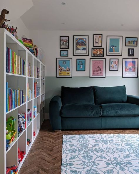 ad/ The boys' new playroom has become the most used space in the house...even more so now we have the COMFIEST sofa ever! This beauty is… Teal Playroom, Colourful Playroom, Colorful Playroom, Baby Playroom, Teal Sofa, Comfy Sofa, Dream Living, Toy Rooms, Baby Boy Rooms