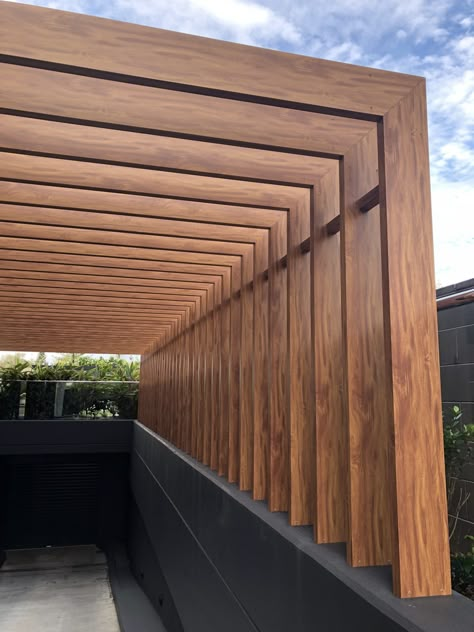 Modern Wood Pergola, Modern Pergola Designs, Timber Pergola, Beam Design, Exterior Wall Tiles, Modern Outdoor Patio, Modern Pergola, Modern House Exterior Design, House Exterior Design