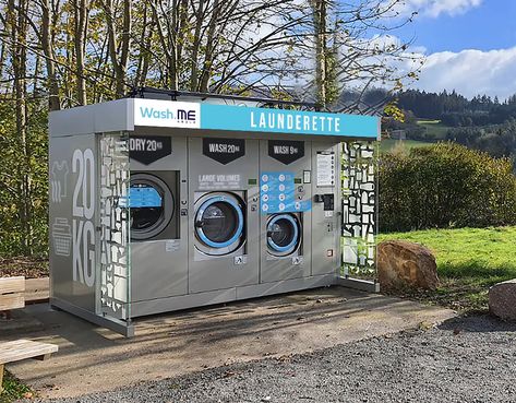 Commercial Laundromat Design, Laundromat Layout, Laundromat Aesthetic, Outside Laundry Room, Laundromat Ideas, Outdoor Laundry, Outdoor Enclosure, Coffee Lounge, Laundry Business