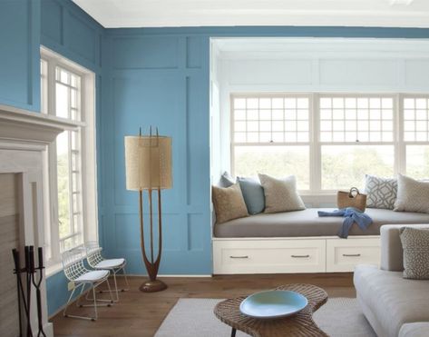 Walls: Whipple Blue HC-152; Alcove: Glass Slipper 1632; Trim & Drawers: Bruton White CW-710 #bluepaint #livingroompaint Window Trim, Benjamin Moore, Paint Color, Color Combination, Paint Colors, Halo, Look At, Drawers, Trim