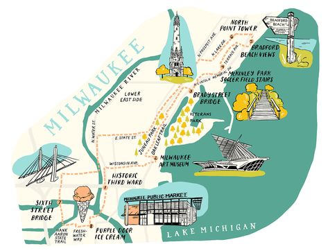 North Face Poster, Milwaukee Public Market, Maps Illustration, Midwest Road Trip, Beer Brats, Lakeside Park, Travel Wisconsin, Milwaukee Art, Illustrated Maps