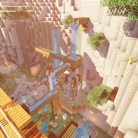 Ravine Design Minecraft, Minecraft Ravine Base Ideas, Minecraft Building Ideas Ravine, Minecraft House Over Ravine, Efficient Minecraft Farm, Ravine Build Minecraft, Ravine Minecraft Ideas, Minecraft Ravine Build, Hill Base Minecraft