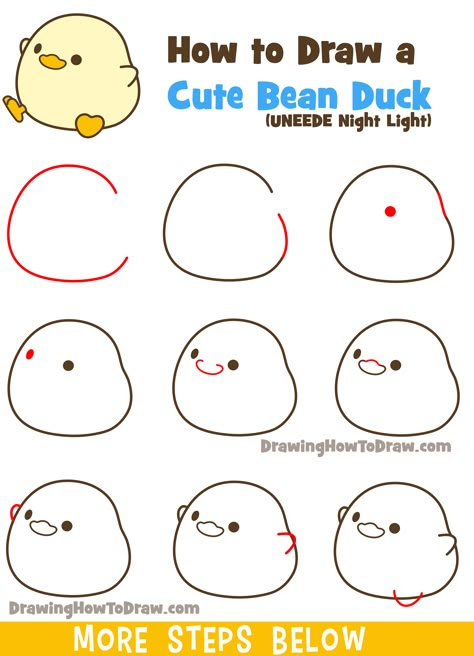 Cute Drawings Simple Step By Step, Cute Ducks Drawings, Chibi Duck, How To Draw Chicken, Chibi Animal Drawings, Cute Drawings Duck, Kawaii Drawings Step By Step, Duck Doodle Cute Easy, Draw Duck