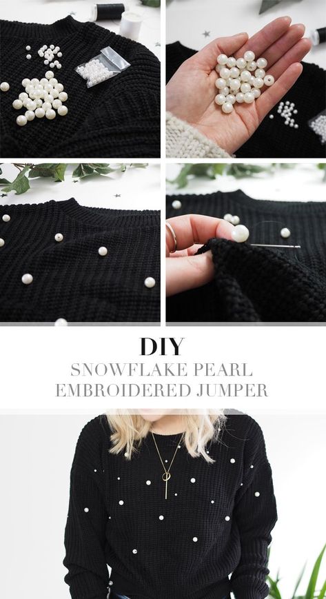 DIY Embellished Pearl Jumper | DIY Christmas Jumper Hack | Embellished Sweater Diy, Clothes Tiktok, Renda Kebaya, Snowflake Diy, Diy Snowflake, Pull Mohair, Diy Clothes Refashion, Hello December, Embellished Sweaters