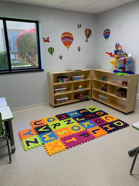 Therapy Room in our ABA Therapy Clinic Rbt Room Ideas, Aba Therapy Office Decor, Aba Therapist Aesthetic, Aba Clinic Decor, Aba Center Decor, Pediatric Therapy Room, School Clinic Room Design, Play Therapy Room Design, Aba Therapy Room Ideas