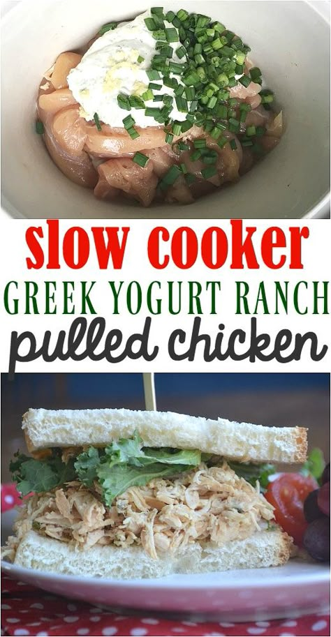 Greek Pulled Chicken, Crockpot Chicken With Greek Yogurt, Greek Yogurt Crockpot Chicken, Greek Yogurt Chicken Recipes, Greek Yogurt Ranch, Greek Yogurt Chicken, Yogurt Chicken, Crock Pot Inspired Recipes, Pulled Chicken