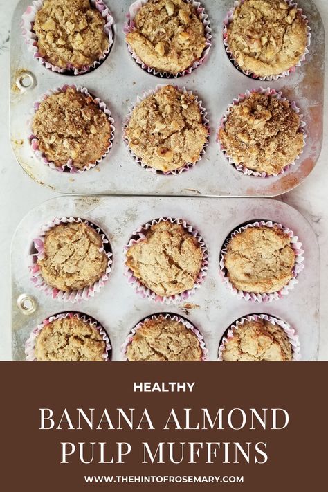 If you make almond milk at home these muffins are for you! Ingredients: 3/4 cup all-purpose flour 1 tsp ground cinnamon 1/4 tsp ground nutmeg 1/2 tsp sea salt 1/2 tsp baking powder 1/2 tsp baking soda 2 very ripe bananas 1 lg egg 1 cup almond pulp 1/4 cup maple syrup 1 tsp vanilla extract 1/2 cup chopped walnuts #almondpulp #almondpulprecipe #bananamuffins #muffinrecipe #healthyrecipe Pulp Muffins, Almond Pulp Recipes, Pulp Recipes, Baking Soda Health, Baking Soda On Carpet, Pulp Recipe, Rosemary Recipes, Make Almond Milk, Almond Milk Recipes