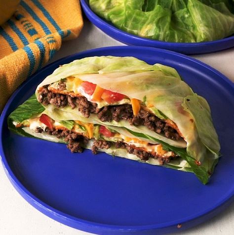 Keto Crunchwrap - Delish.com Cabbage Wraps Recipes, Keto Crunchwrap, Cabbage Sandwich, Crunchwrap Recipe, Cabbage Wraps, Cabbage Steaks, Carb Foods, Cabbage Rolls, Keto Recipes Dinner