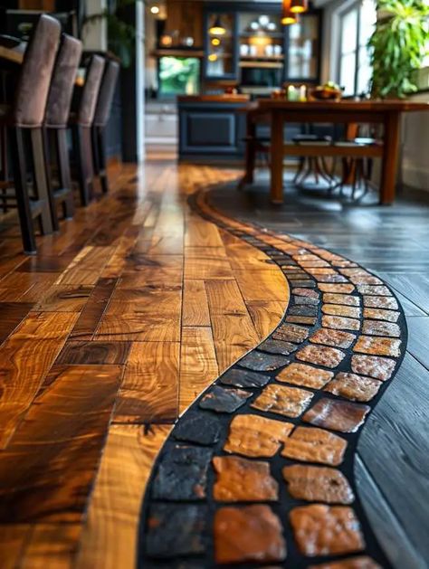 Different Types Of Wood Flooring, Floor Remodeling Ideas, Tile And Hardwood Floor Combination, Mixed Wood Flooring, Rustic Flooring Ideas, Indoor Concrete Floor Ideas, Alternative Flooring Ideas, Wood And Tile Floor, Dining Room Flooring Ideas