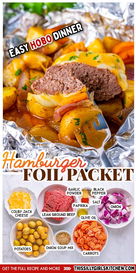 hamburger foil packet Hobo Foil Packs Ground Beef Oven, Dinner Foil Packets, Hobo Meals, Hobo Dinner Recipes, Hamburger Dinner, Hobo Dinner, Camp Recipes, Foil Packet Dinners, Foil Pack Meals