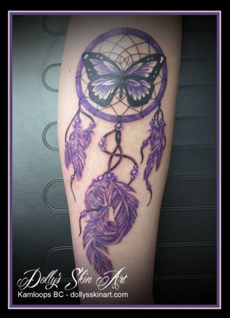 dream catcher butterfly black white purple feather beads leg colour tattoo kamloops dolly's skin art Dream Catcher Butterfly Tattoo, Butterfly Dreamcatcher Tattoo, Dreamcatcher Tattoo Thigh, Butterfly Dream Catcher, Butterfly Tattoo Cover Up, Purple Dream Catcher, Dream Catcher Tattoo Design, Colour Tattoo, Kamloops Bc