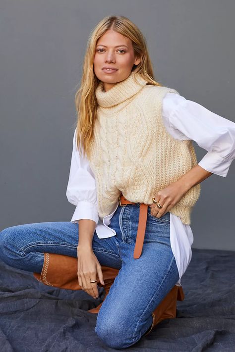 Sweater Vest Outfit Women, Styling Turtlenecks, Vest Outfit Women, Turtleneck Sweater Vest, Knit Vest Outfit, Vest Outfits For Women, Sweater Vest Outfit, Cable Knit Turtleneck, Sleeveless Turtleneck Sweaters