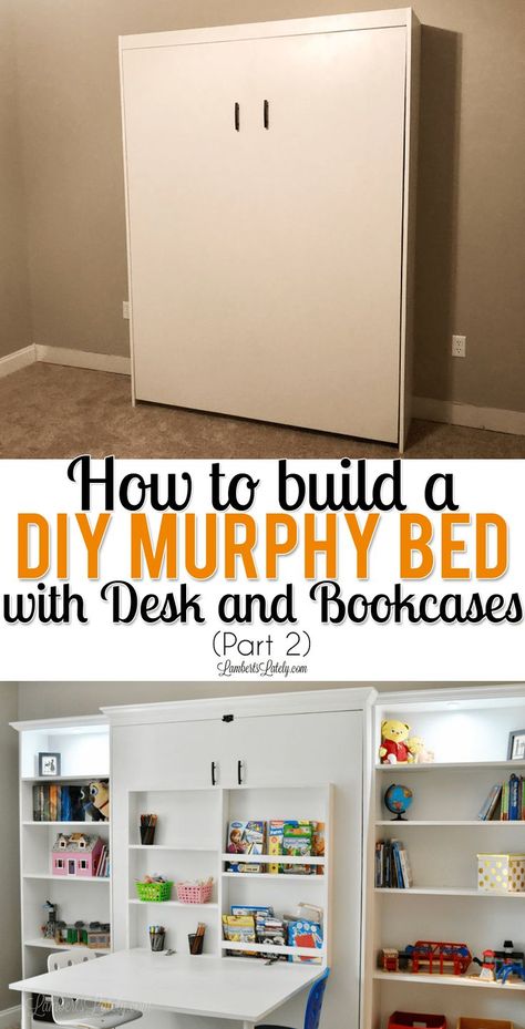 This DIY murphy bed with desk and bookcase combo is all made from inexpensive pieces! Includes Ikea Billy Bookcases and full plans for adding to your guest bedroom, office, or craft room. #diy #murphybed #bedroom #smallspaces #homedecor #furniture Murphy Bed With Desk, Diy Murphy Bed, Build A Murphy Bed, Billy Bookcases, Simple Bed Designs, Guest Bedroom/office, Murphy Bed Ikea, Ikea Bookcase, Murphy Bed Desk