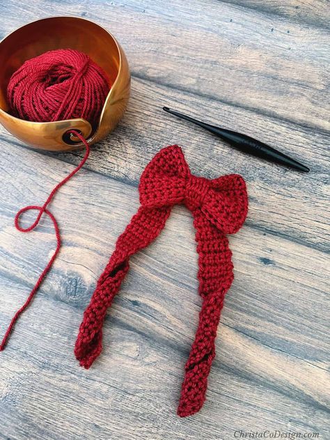 Crochet Ribbon Pattern Free, How To Crochet A Ribbon, Crochet Bow Garland Free Pattern, Crochet Christmas Bow, Red Heart Yarn Free Patterns, How To Crochet A Bow, Crochet Ribbon, Crochet Bow, Crochet Bow Pattern