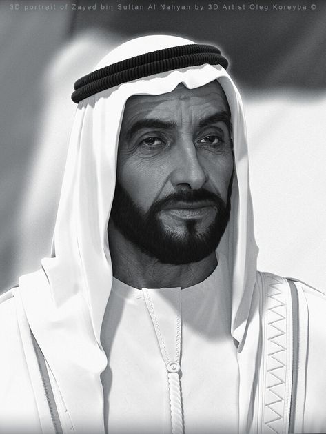 Sheikh Zayed Bin Sultan, Zayed Bin Sultan Al Nahyan, Men Reference, History Uae, Black And White Photography Portraits, Video Design Youtube, Uae National Day, 3d Portrait, Sheikh Mohammed