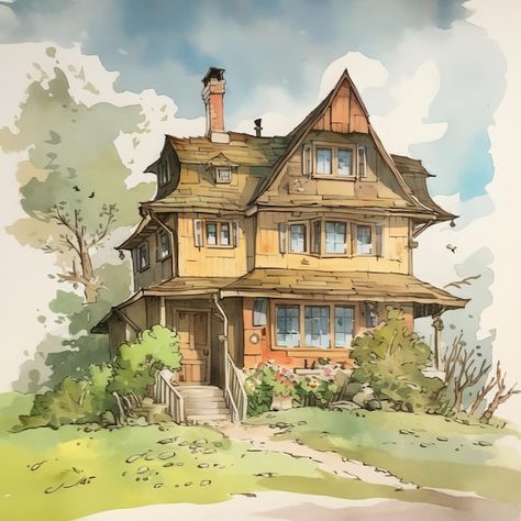 Photo a drawing of a house with a blue s... | Premium Photo #Freepik #photo #real-estate-illustration #cute-house #cottage-house #wood-house Old House Illustration, Drawing Of A House, House Cottage, House Wood, Wood House, House Illustration, Cottage House, House Vector, House Drawing