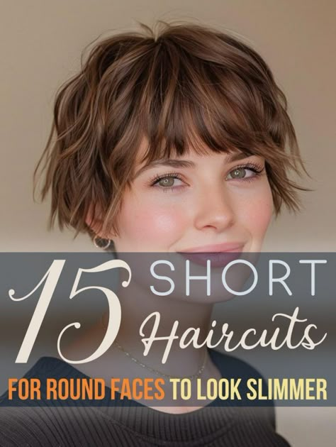 Even though it seems unbelievable, but short hairstyles for round faces are acceptable. If your face is chubby, you are probably used to hiding this shape instead of highlighting it. Now you can stop worrying about it because certain hairstyles can visually lengthen your round face. Short Haircuts With Round Faces, Short Hairstyle Women With Double Chin, Names Of Short Haircuts For Women, Short Hair For Women With Round Faces, Short Hair For A Round Face, Simple Haircuts For Short Hair, Hair Styles For Women With Round Faces, Fine Flat Hair Round Face, Full Face Short Hair