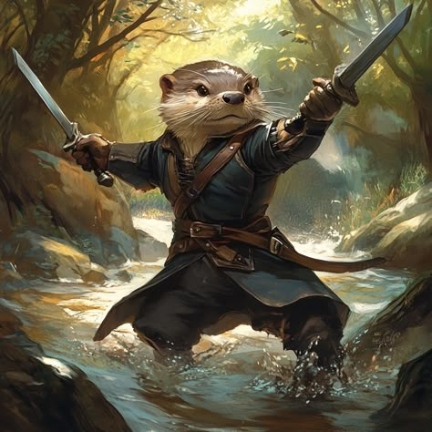 an otter holding daggers, bloomburrow magic the gathering art style, action fight stance Otter Folk Dnd, Otterfolk Art, Dnd Otterfolk, Bloomburrow Art, Fantasy Otter, Bugbear Character Art, Root Rpg, Dnd Pirate, Badger Art