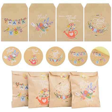 100pcs Small Paper Bags for Sweet Cookies Mini Brown Kraft Paper Bags with Thank You Stickers Candy Treat Bags 4 Flow... Paper Flower Design, Paper Sweet Bags, Small Paper Bags, Small Thank You Gift, Favour Bags, Thank You Flowers, Sweet Bags, Sweet Cookies, Brown Paper Bag