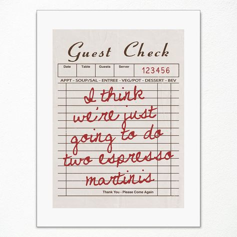 PRICES MAY VARY. Guest Check Art Print: Add a touch of vintage charm to your decor with our Guest Check Art Print. This unique piece replicates an old-fashioned guest check from a classic diner, making it a nostalgic addition to any kitchen, dining area, or bar cart space. Printed on high-quality canvas, it features vibrant colors and crisp details. Available in multiple sizes, this print is perfect for creating a retro-inspired atmosphere in your home or restaurant. Vintage Bar Cart Wall Art: E Coffee Receipt, Receipt Art, Restaurant Art, Guest Book Airbnb, Bar Cart Prints, Espresso Martini Guest Check, Guest Check Print, Coffee Bar Prints, Guest Check Art