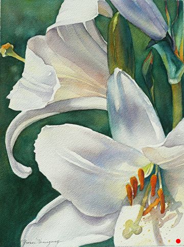 Easter Lilies - Original Watercolor Painting by Yvonne Hemingway, Watercolor, 20 x 16 Watercolor White Flowers, Easter Lilies, Cherry Blossom Watercolor, Lily Painting, Floral Watercolor Paintings, White Petals, 수채화 그림, Watercolor Flowers Paintings, Watercolor Sunflower