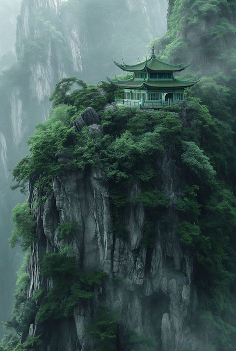 Secluded and mystical, this temple carved into a verdant mountainside evokes wonder, its ancient walls a silent guardian of the forest's deep and untold stories. Hidden Temple, Lush Forest, Perspective Art, Waterfall Photography, Fantasy Images, Chinese Architecture, Backyard Garden Design, Matte Painting, Fantasy Art Landscapes