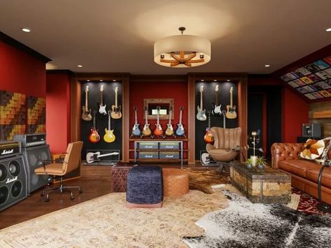 Music Room At Home, Guitar Room Ideas, Family Music Room, Film And Arts, Music Room Office, Studio Room Design, Music Themed Bedroom, Music Room Wall, Music Room Design