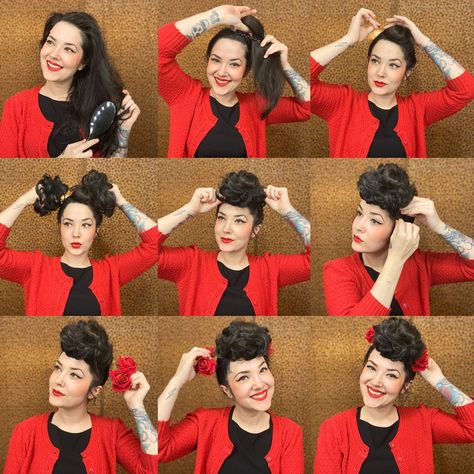 Your UNDER 5 min Poodle do! Thank you @dubbleh for this perfect guide: Here are your simple step by step instructions: 1. Brush your hair 2. Put it into a ponytail at the front 3. Twist and pin in a bun 4. Top with 2 curly scrunchies/or a faux poodle clip on 5. Arrange curls 6. Pin as needed 7. Add flowers or accessories 8. More flowers 😆 9. Voila! Poodle in under 5 minutes! #pinuphairdo #pinuphairstyle #pinuphairhowto #hairtutorial #retrohair #rockabillyhair #vintageupdo #hairhowto Rockabilly Hair Tutorials, Vintage Wedding Hairstyles, High Bun Hair, Bleached Hair Repair, Poodle Hair, Vintage Updo, 40s Hairstyles, Up Hairdos, 50s Hairstyles