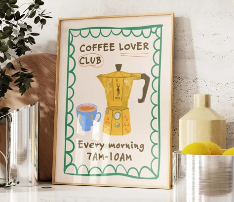 Coffee Lover Club Print, Breakfast Poster, Moka Pot Espresso Print, Hand Drawn Kitchen Print, Foodie Drawing, Kitchen Decor Poster TR016 - Etsy.de Digital Poster Ideas, Breakfast Poster, Moka Pot Espresso, Drawing Kitchen, Coffee Art Print, Coffee Drawing, Kitchen Artwork, French Poster, Moka Pot