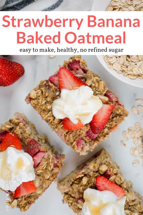 No Bake Oatmeal Bars, Baked Oatmeal Healthy, Banana Baked Oatmeal, Oatmeal Breakfast Bars, Strawberry Breakfast, Slender Kitchen, Strawberry Oatmeal, Frozen Breakfast, Healthy Strawberry