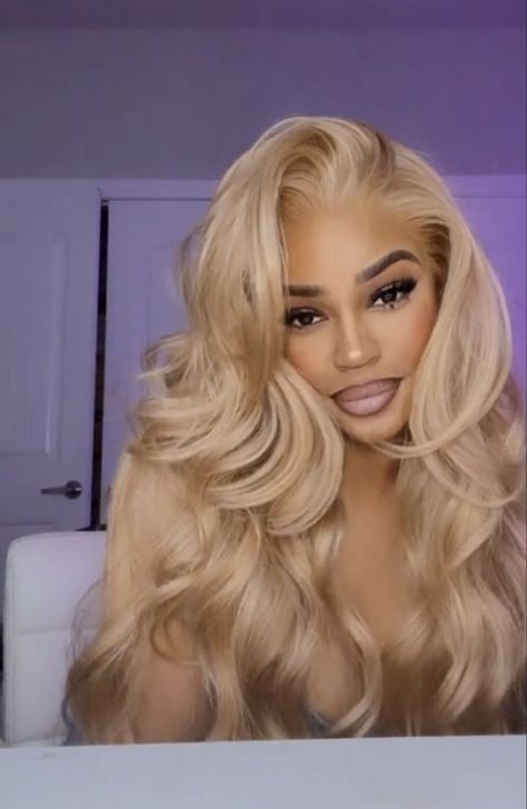 Curly Blonde Hair Black Women Lace Wigs, Blonde Side Part, Hair Ideas Blonde, Blonde Hair Black Women, Hair Chart, Baddie Hair, Blonde Weave, Front Lace Wigs, Hair Black Women