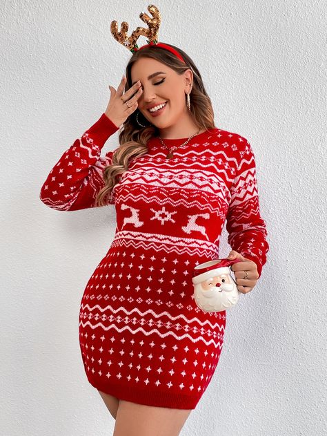 Red Elegant Collar Long Sleeve Worsted Christmas  Embellished Slight Stretch  Plus Size Knitwear Plus Size Knitwear, Plus Size Sweater Dress, Christmas World, Plus Size Sweater, Geo Pattern, Christmas Jumper Dress, Shein Dress, Sweater Dresses, Christmas Jumper