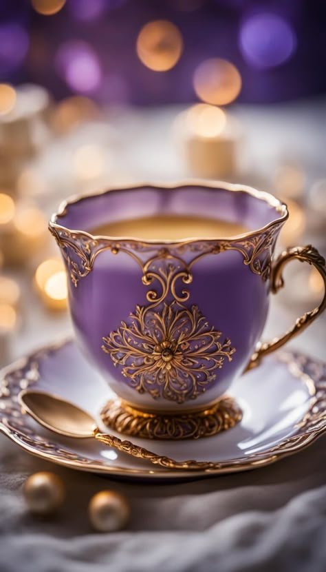 beautiful purple porcelain teacup - AI creation Teacup Aesthetic, Dinner Set Design, Purple Tea Cups, Purple Cafe, Unique Tea Cups, Fancy Cup, Vintage Tea Sets, Morning Coffee Images, Pretty Tea Cups