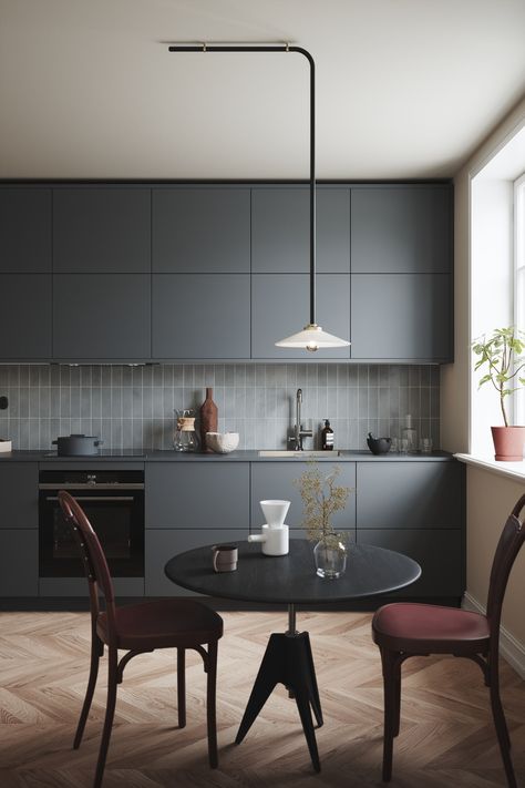 Kitchen Part 01 2019 on Behance Matte Grey Kitchen, Fenix Laminate, Dark Grey Kitchen Cabinets, Grey Kitchen Walls, Grey Kitchen Floor, Серая Кухня, Kitchen Cabinet Ideas, Grey Kitchen Designs, Dark Grey Kitchen