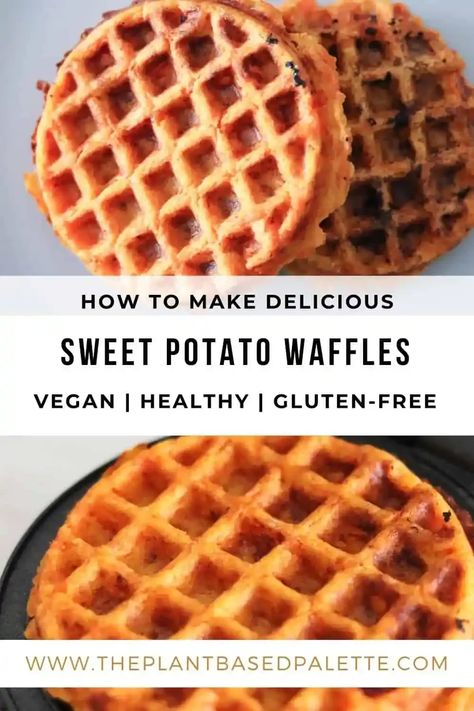 This savory sweet potato waffles is vegan, easy, delicious and gluten-free. This waffle recipe only requires a few simple ingredients. These savory waffles makes for a perfect plant-based base to hold whatever toppings you so choose. They make for a great whole food plant-based breakfast, lunch or dinner. This recipe is very versatile and pairs well with many different flavors from sweet to savory. Potato Waffle Recipe, Waffle Sandwich Breakfast, Gluten Free Sweet Potato, Potato Waffles, Waffle Maker Recipes, Savory Waffles, Sweet Potato Waffles, Yummy Sweet Potatoes, Stuffed Sweet Potato Healthy