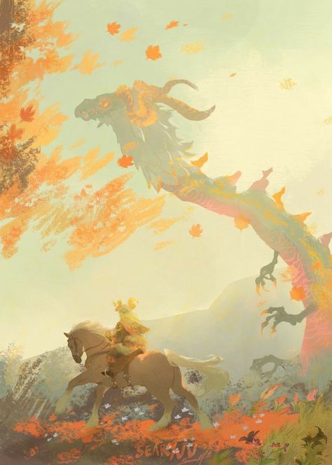 Zelda Autumn Wallpaper, Link Zelda Kiss, Breath Of The Wild Wallpaper Desktop, Zelda Art Wallpaper, Link Zelda Breath Of The Wild, Zelda Lockscreen, Botw Dragons, Legend Of Zelda Aesthetic, The Legend Of Zelda Fanart