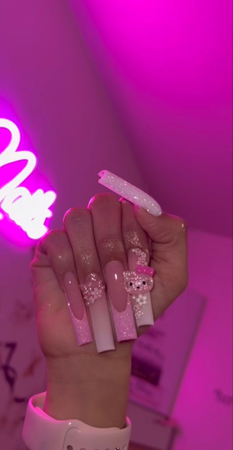 Long Dramatic Nails, Long Acrylic Nails Square Pink, Baby Pink Nails, Kitty Nails, Bunny Nails, Punk Nails, Long Acrylic Nail Designs, Ombre Acrylic Nails, Girly Acrylic Nails