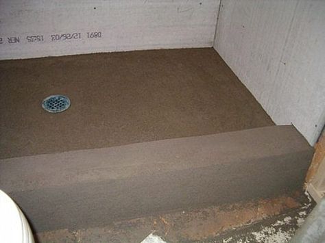 ... Concrete Shower Pan, Building A Shower Pan, Shower Pan Liner, Concrete Shower, Tub To Shower Remodel, Shower Remodel Diy, Small Shower Remodel, Bed Liner, Shower Units