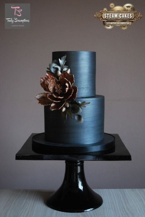 Metallica - Steam Cakes - Steampunk Collaboration Metallic Wedding Cakes, Round Cake Stand, Metallic Wedding, Black Wedding Cakes, Steamed Cake, Tiered Cake, Elegant Cakes, Wedding Cake Inspiration, Beautiful Wedding Cakes